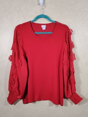 I129 Chico's Red Mixed Media Laser-Cut Sleeve Sweater XXL